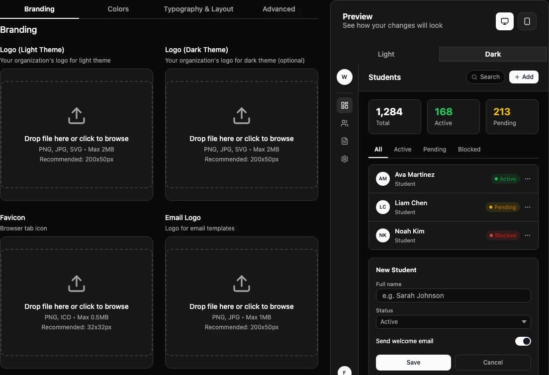 Appearance Branding tab with logo upload areas and the preview panel