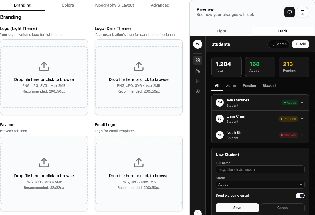 Appearance Branding tab with logo upload areas and the preview panel