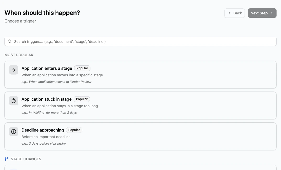 Automation trigger builder with search and common workflow trigger options.