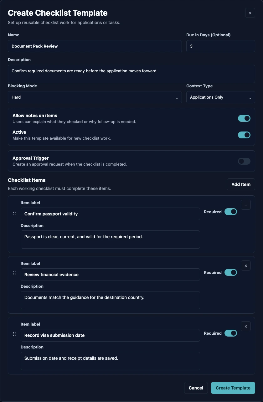 Create Checklist Template dialog with blocking mode, context type, notes, approval trigger, and checklist items.