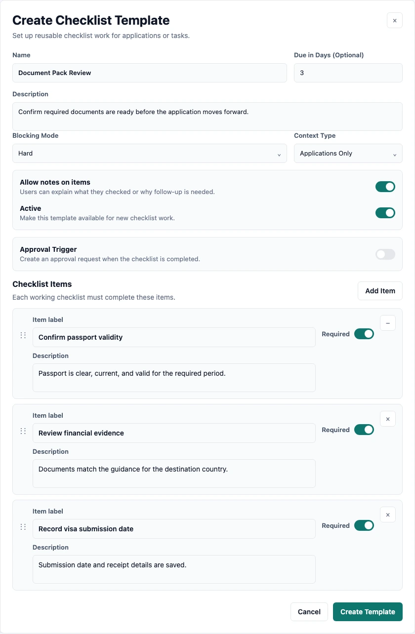 Create Checklist Template dialog with blocking mode, context type, notes, approval trigger, and checklist items.