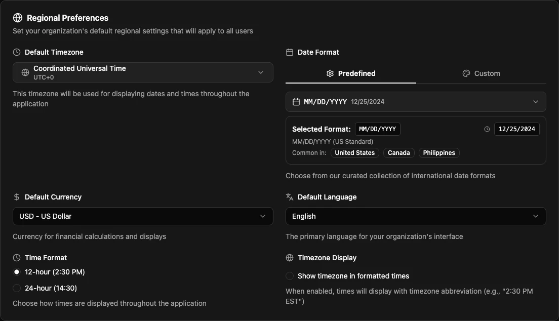 Regional Preferences form with timezone, date format, currency, language, and time format settings