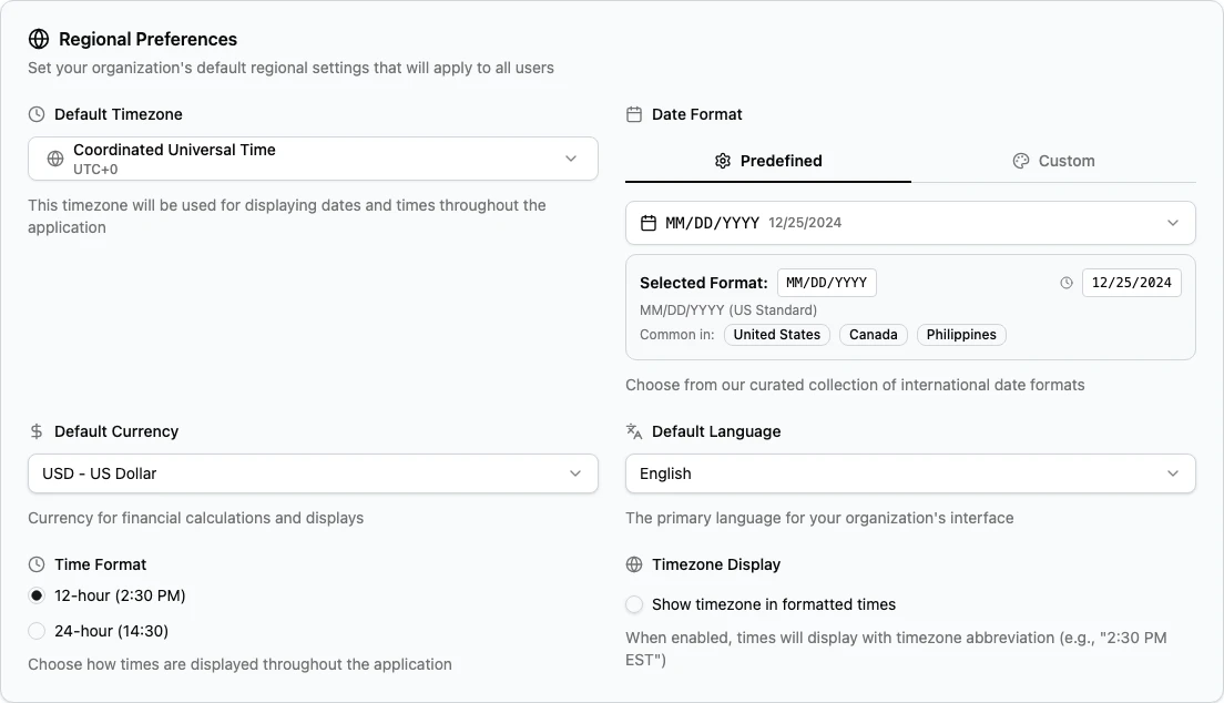 Regional Preferences form with timezone, date format, currency, language, and time format settings