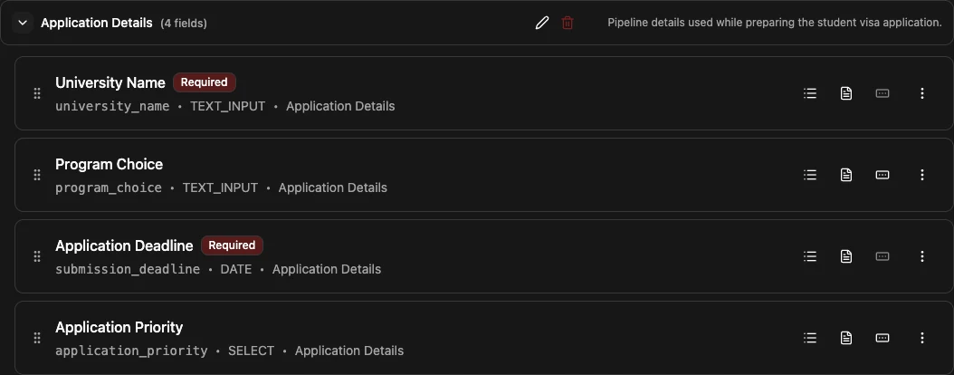 Application Details group with fields for Student Visa Processing.