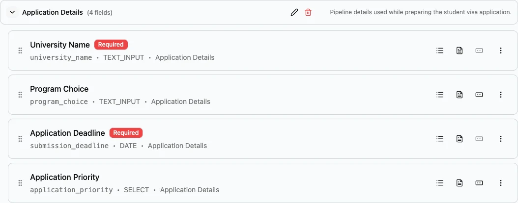 Application Details group with fields for Student Visa Processing.