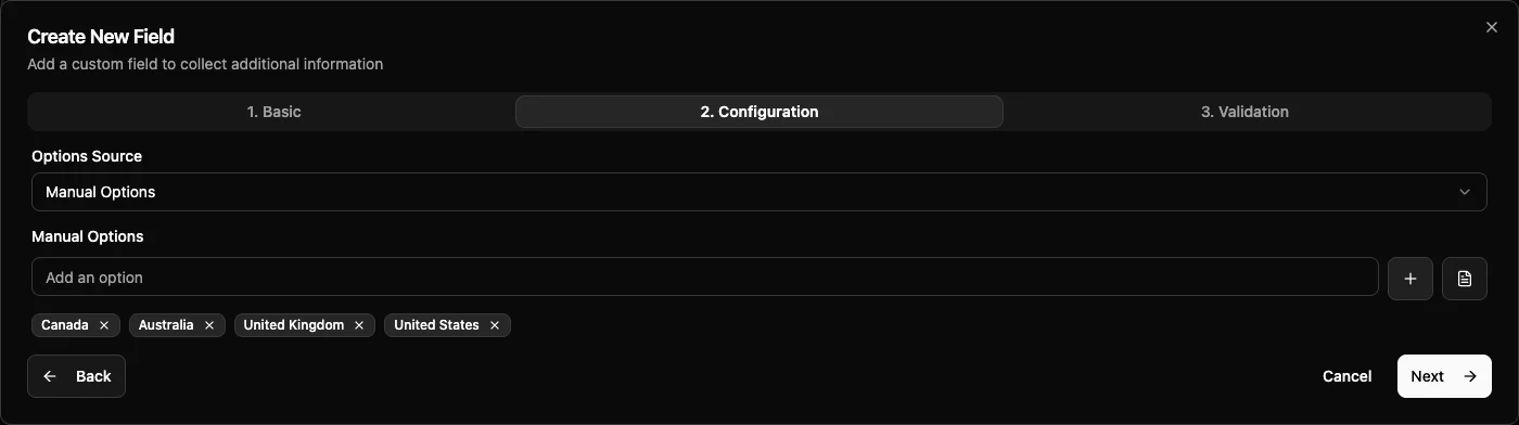 Dropdown field configuration with manual destination options.