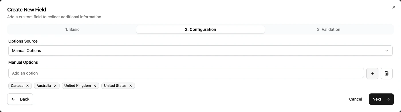 Dropdown field configuration with manual destination options.