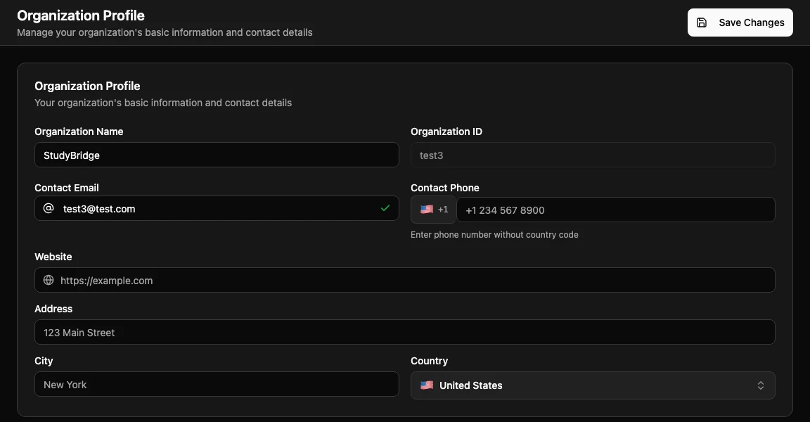 General Settings screen showing organization profile fields for name, ID, contact email, phone, website, address, city, and country.