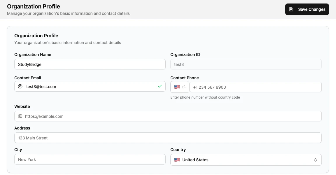 General Settings screen showing organization profile fields for name, ID, contact email, phone, website, address, city, and country.