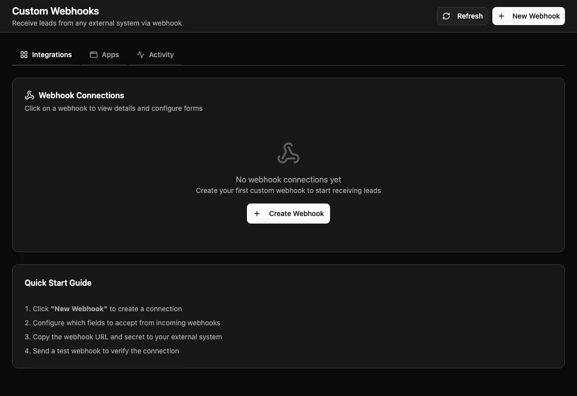 Custom Webhooks settings page with the Webhook Connections card and New Webhook action.
