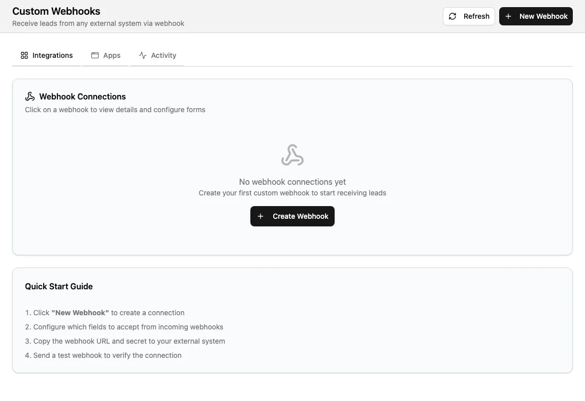 Custom Webhooks settings page with the Webhook Connections card and New Webhook action.