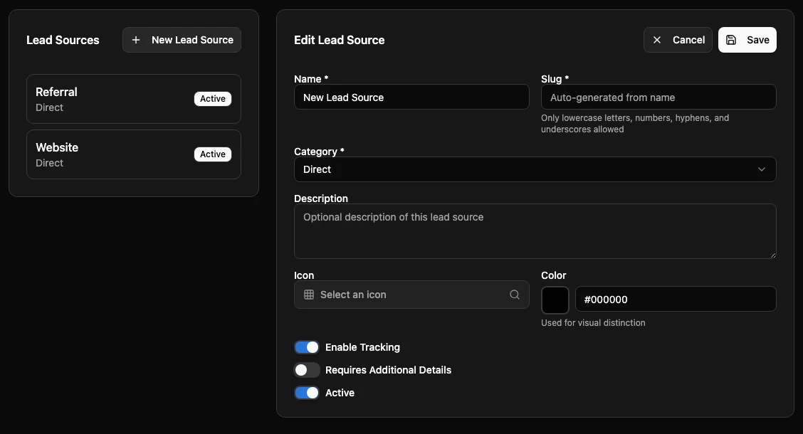 Lead Sources settings page with the source list and new Lead Source form.