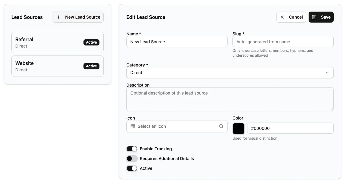 Lead Sources settings page with the source list and new Lead Source form.