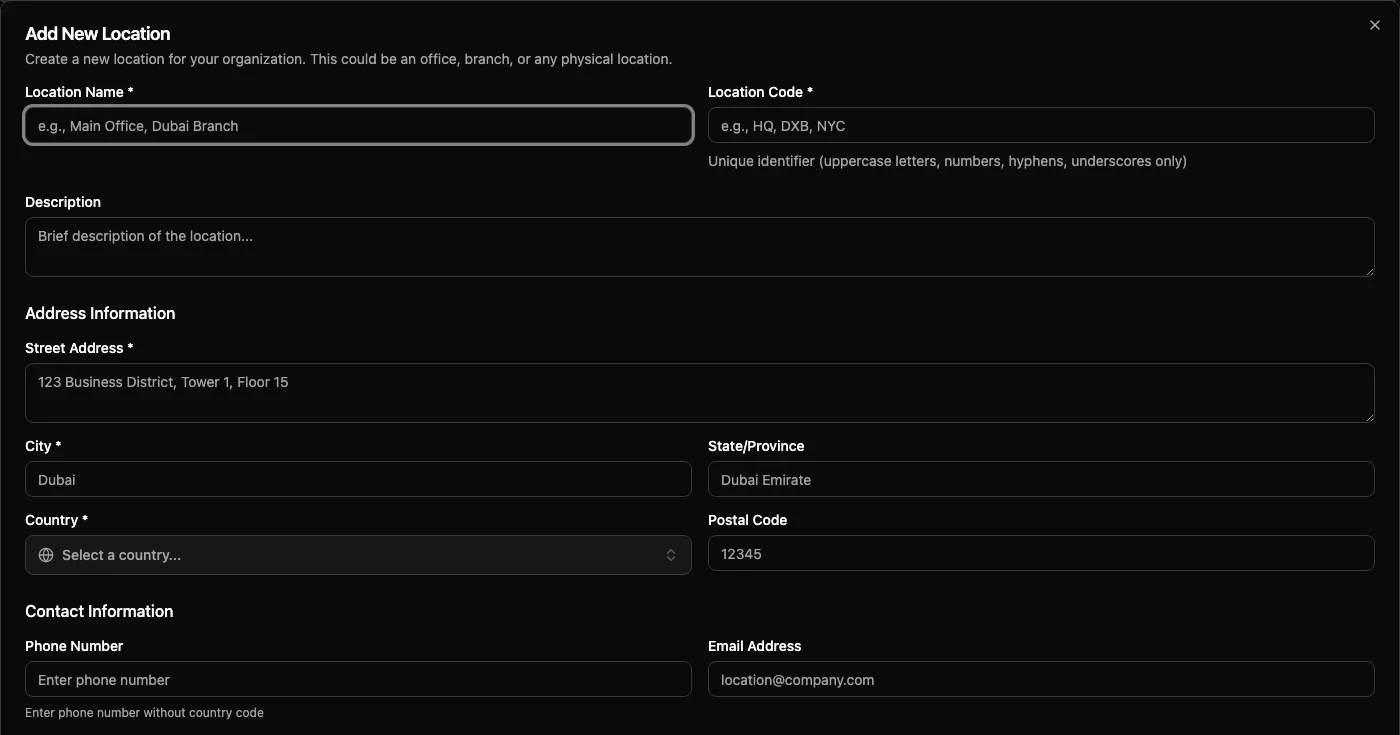 Add New Location dialog with location name, code, address, and contact fields