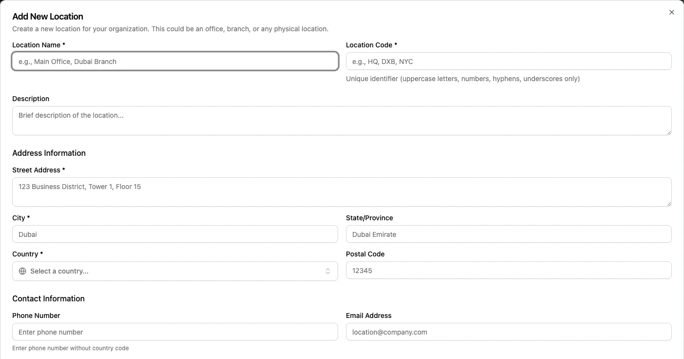 Add New Location dialog with location name, code, address, and contact fields