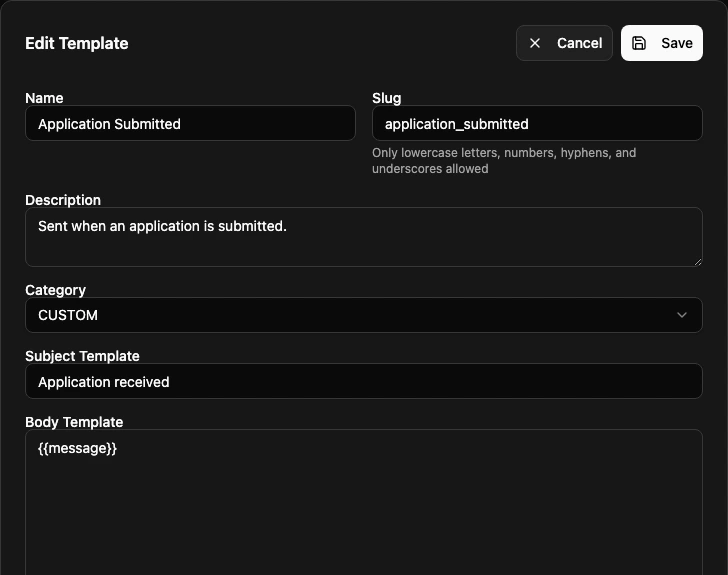 Template editor fields for the name, slug, description, category, subject, and body.