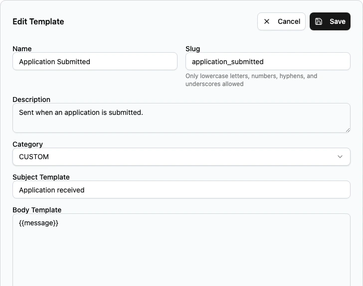 Template editor fields for the name, slug, description, category, subject, and body.