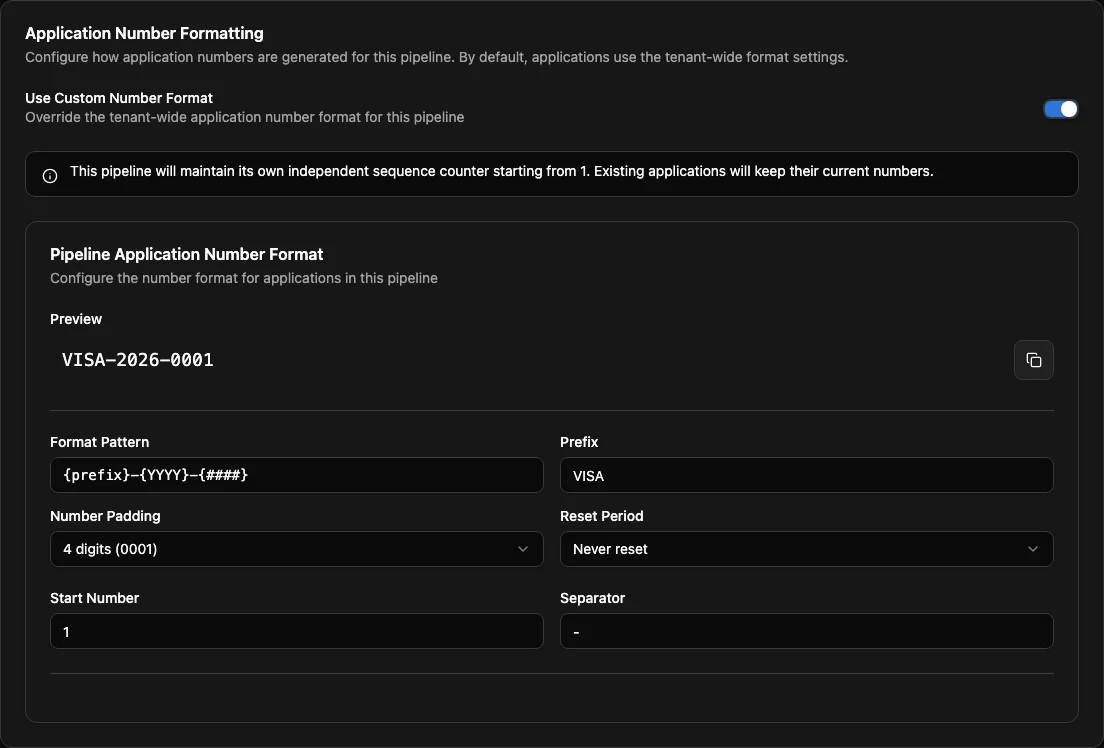 Pipeline-specific Application Number Formatting settings in Edmissa.