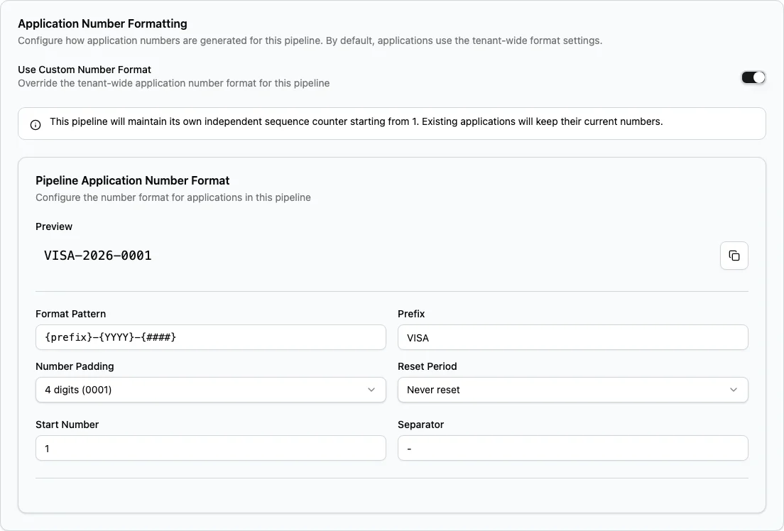 Pipeline-specific Application Number Formatting settings in Edmissa.