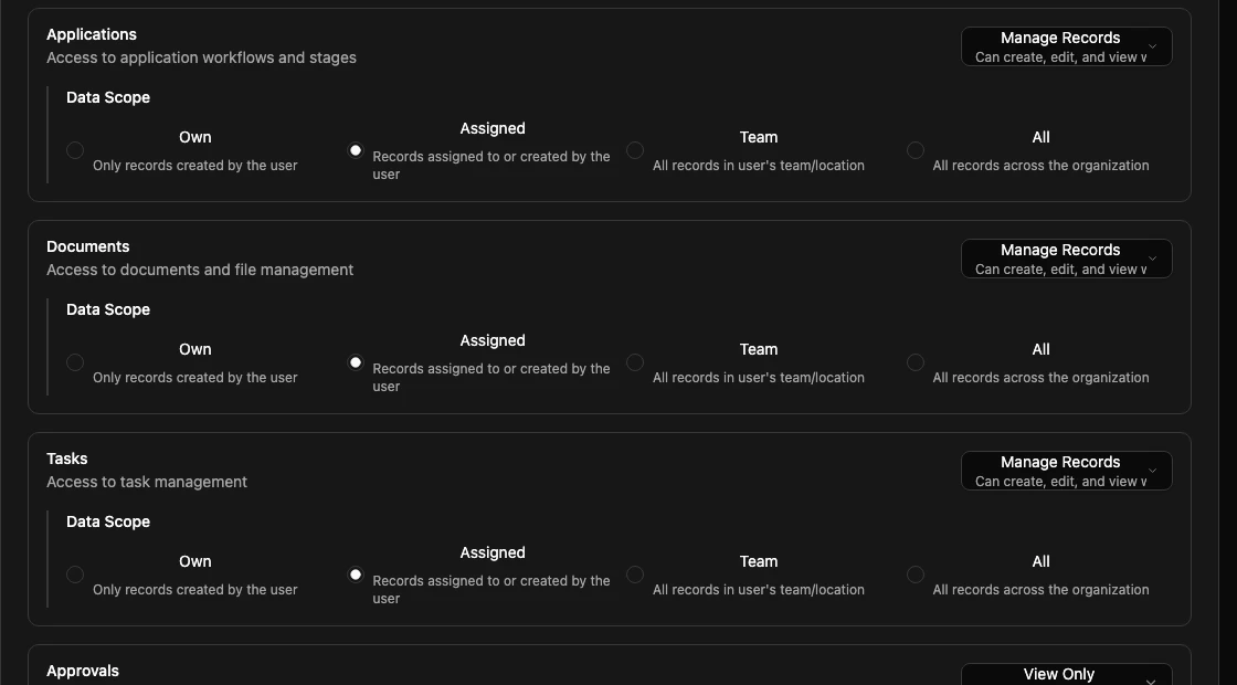 Data access permission controls showing access level and scope options.