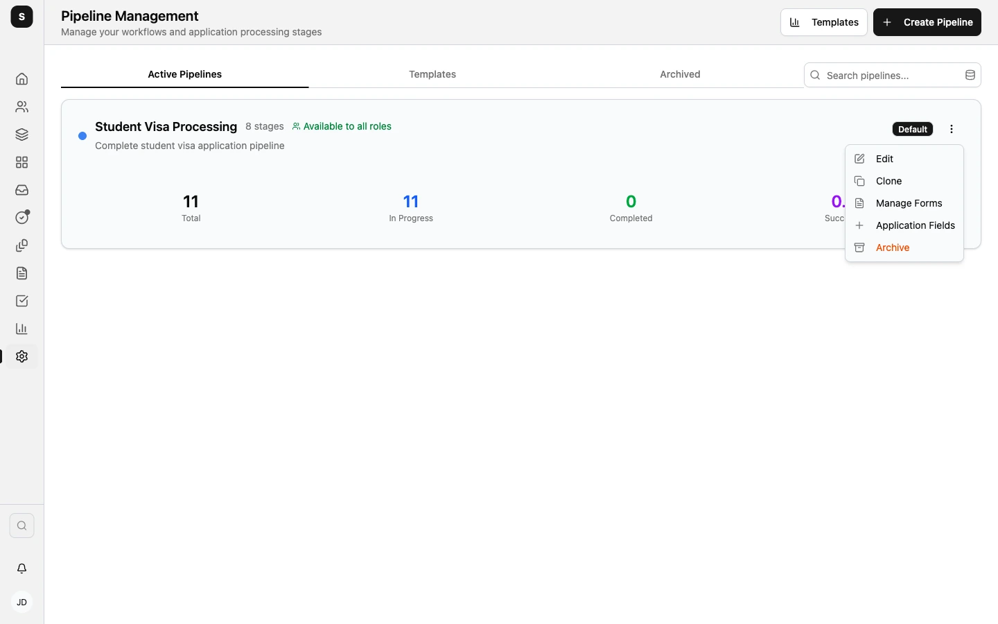 Student Visa Processing pipeline card menu with actions for editing, cloning, forms, fields, and archiving.