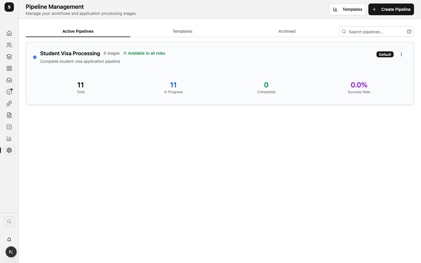 Pipeline Management screen showing the Student Visa Processing pipeline.