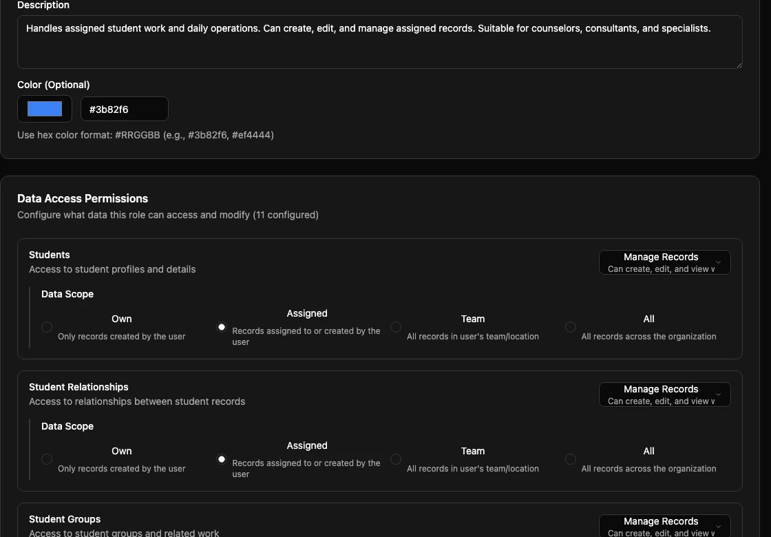 Create Role screen showing data access permissions with access level and scope controls.
