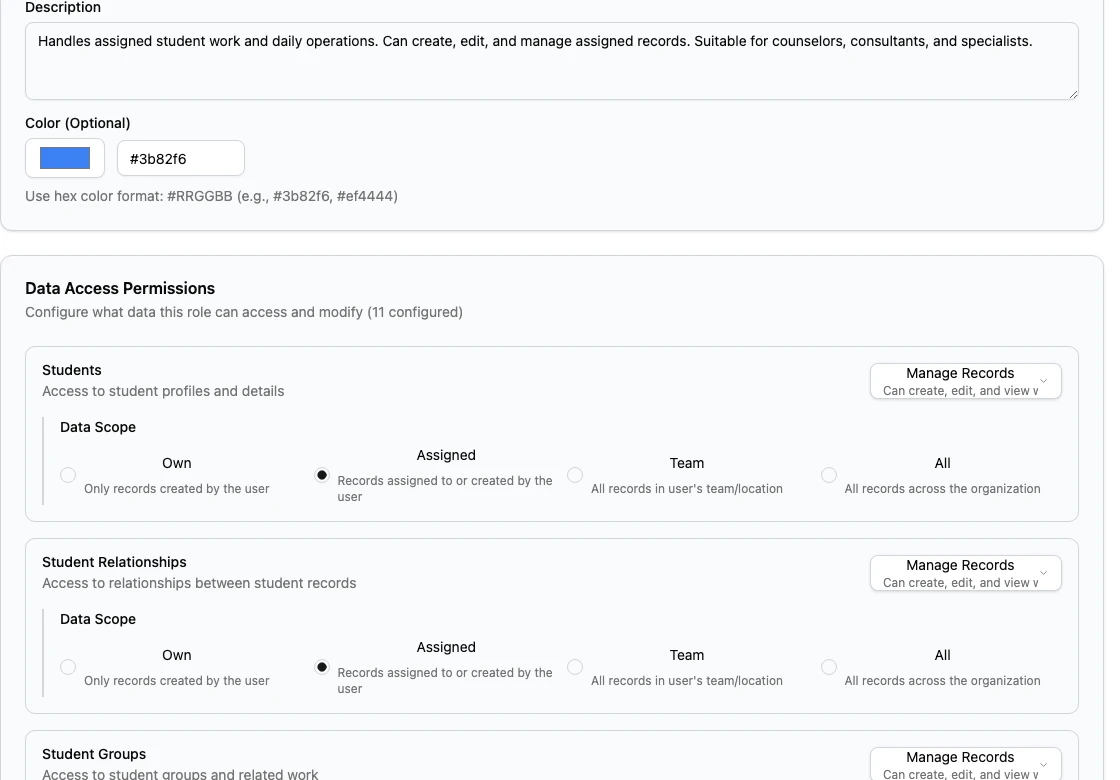 Create Role screen showing data access permissions with access level and scope controls.