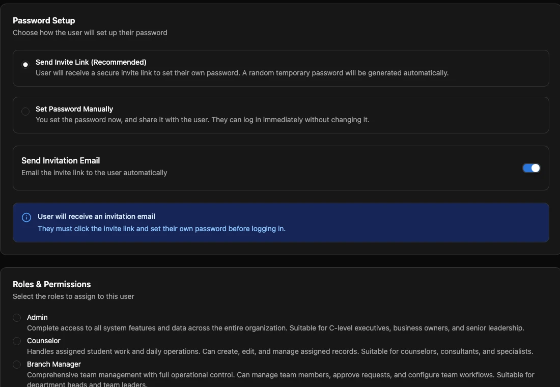 Invite User form showing password setup and role selection.