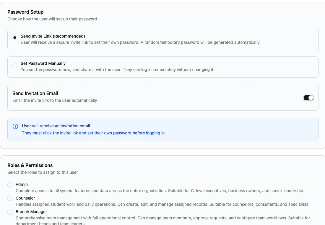 Invite User form showing password setup and role selection.