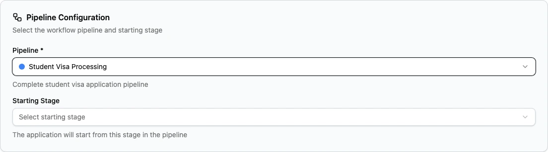 Pipeline Configuration section with Student Visa Processing selected and a Starting Stage selector.