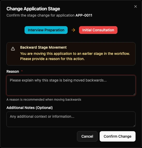 Change Application Stage dialog showing a backward movement warning and reason field.