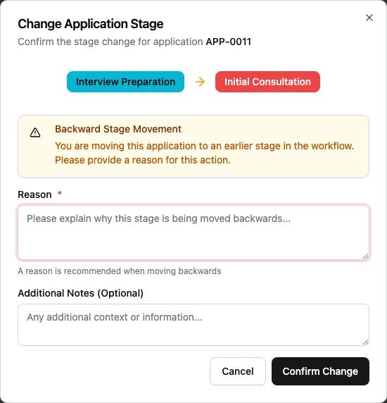 Change Application Stage dialog showing a backward movement warning and reason field.