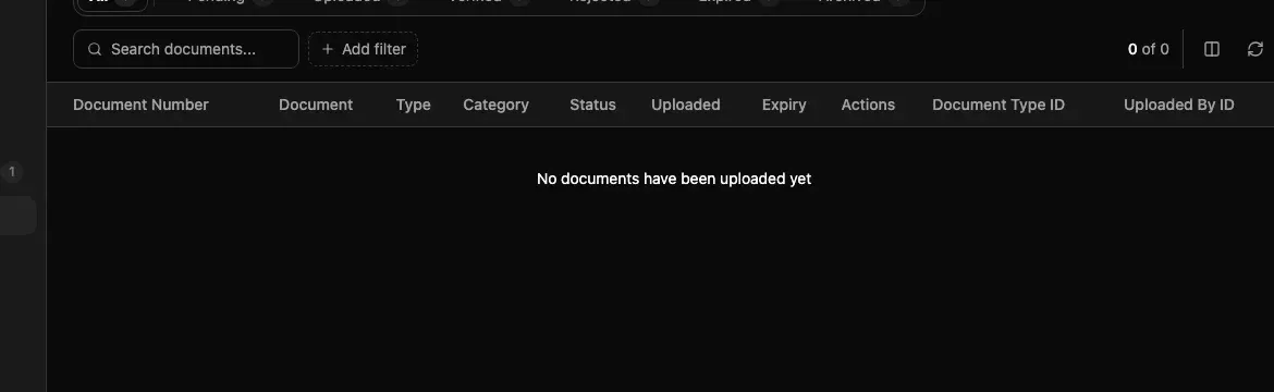 Documents list with search, filters, status tabs, columns, and an empty-state message.