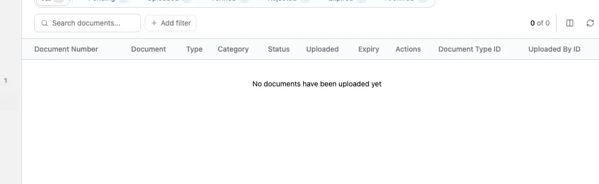 Documents list with search, filters, status tabs, columns, and an empty-state message.