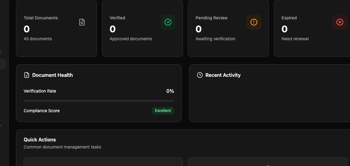 Documents overview with total, verified, pending review, and expired file counts.