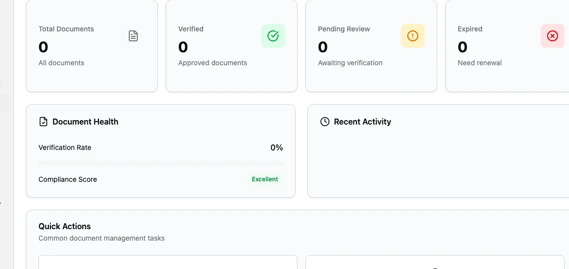 Documents overview with total, verified, pending review, and expired file counts.