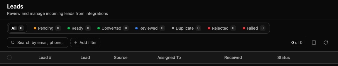 Leads page showing status tabs, search, source filtering, table columns, and the no results state.