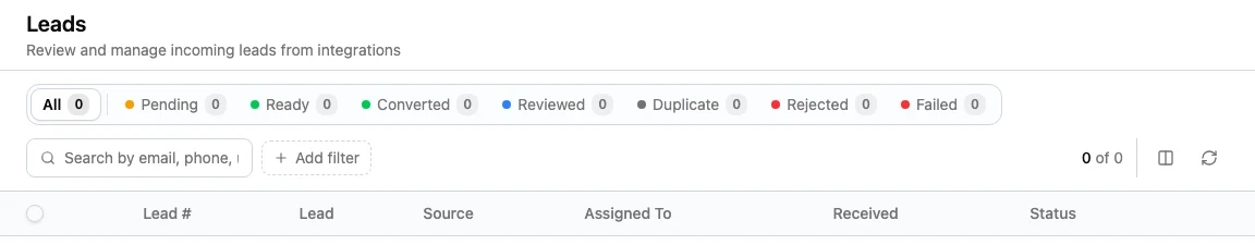 Leads page showing status tabs, search, source filtering, table columns, and the no results state.
