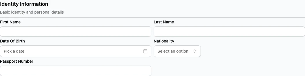 Create Student form showing the Identity Information fields.