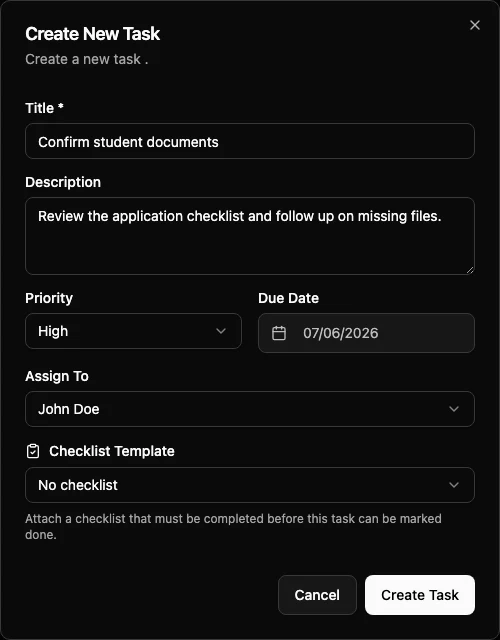 Create New Task dialog with title, description, priority, due date, assignee, and checklist template fields