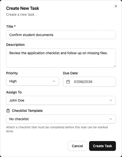 Create New Task dialog with title, description, priority, due date, assignee, and checklist template fields