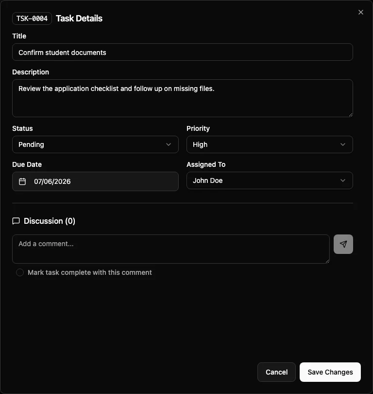 Task details edit view with status, priority, due date, assignee, and discussion fields
