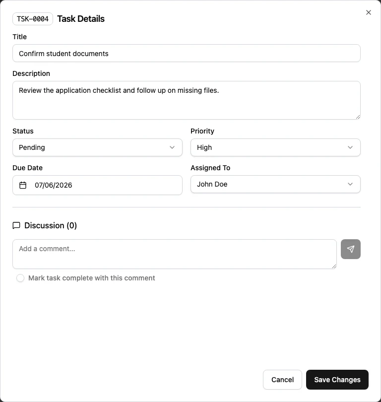 Task details edit view with status, priority, due date, assignee, and discussion fields