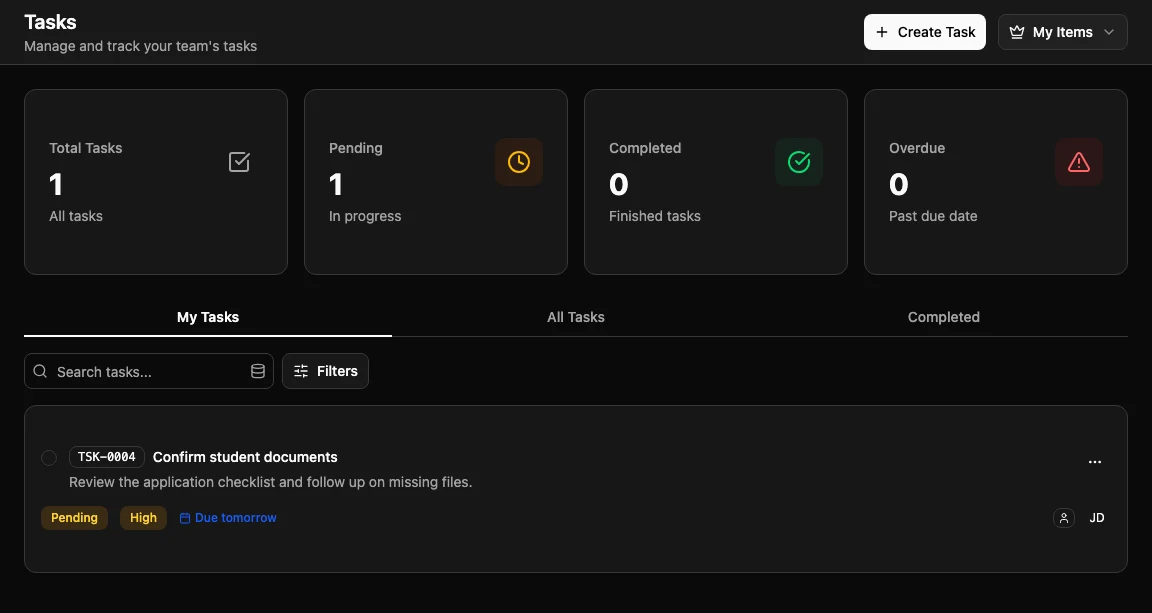 Tasks page showing task counts, tabs, filters, and a follow-up task card