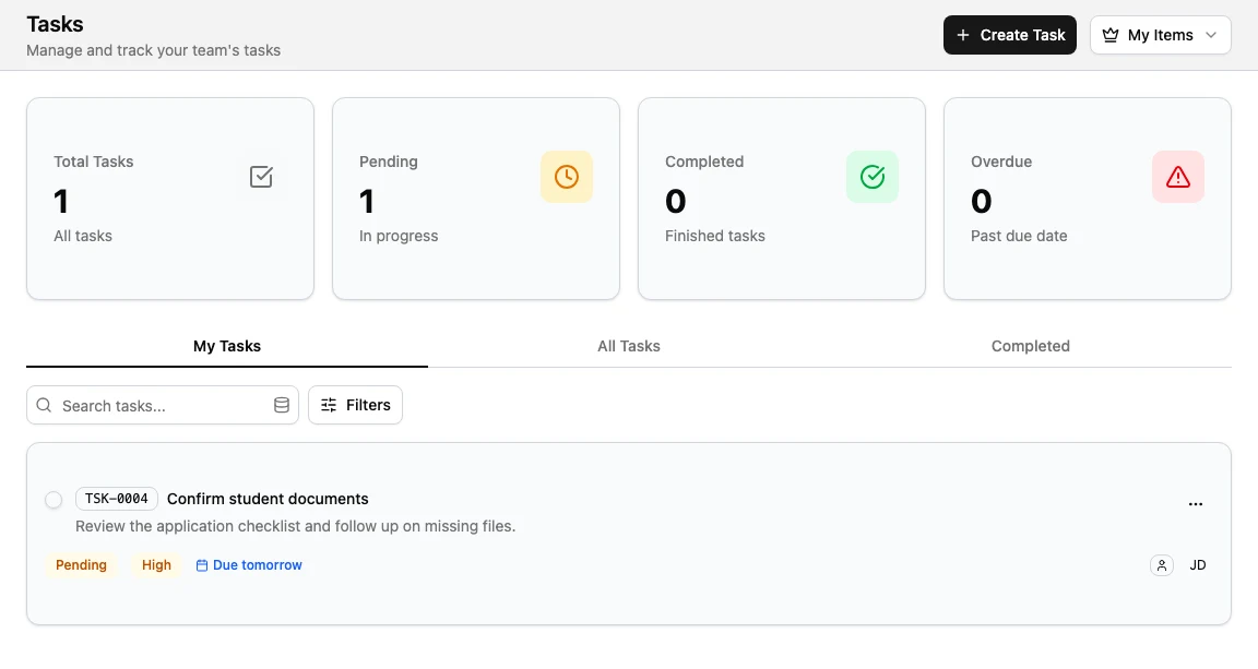 Tasks page showing task counts, tabs, filters, and a follow-up task card